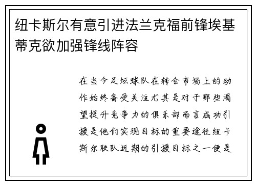 纽卡斯尔有意引进法兰克福前锋埃基蒂克欲加强锋线阵容